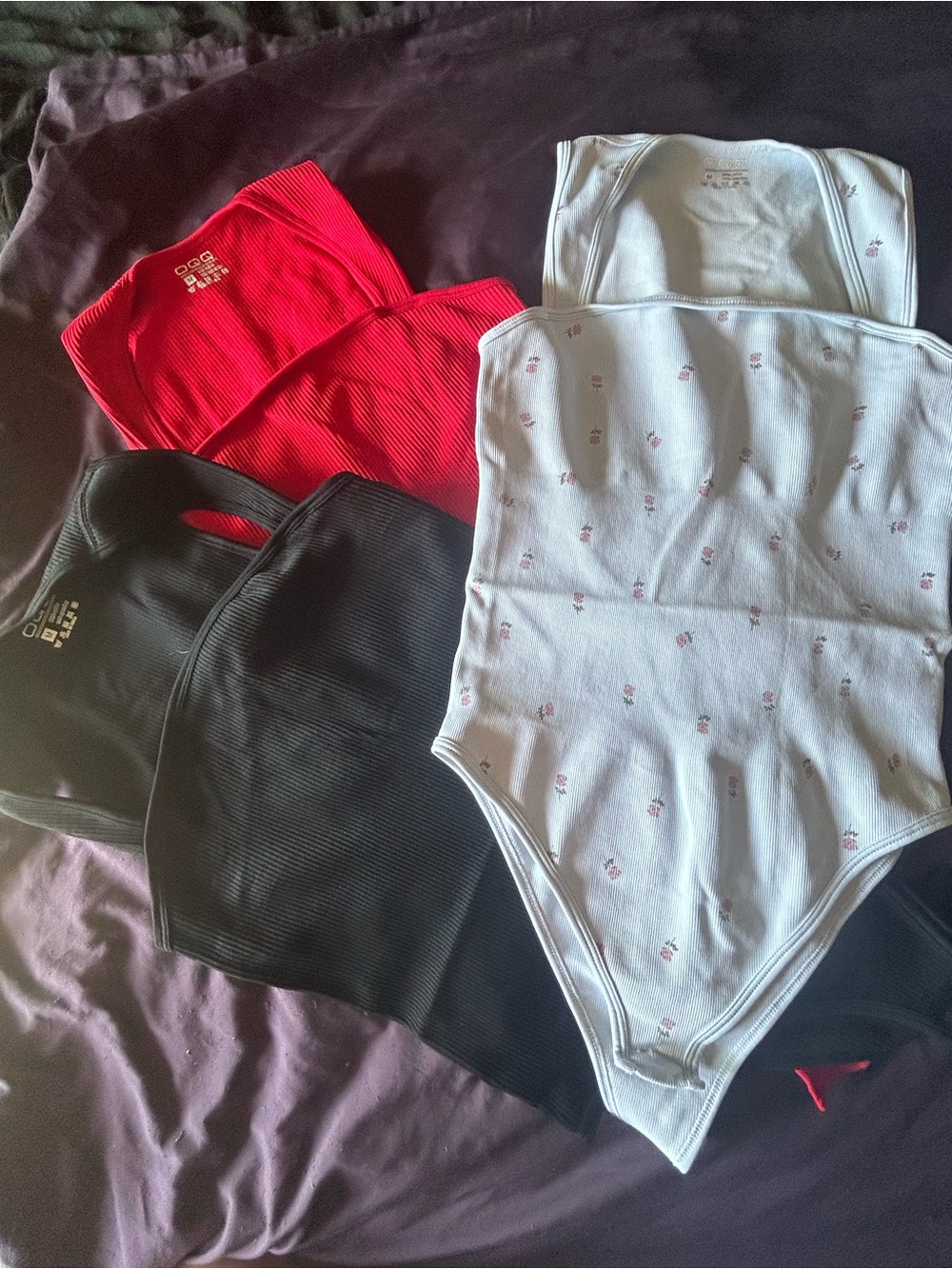 Lot of 3 Women’s Ribbed Tank Bodysuits - White Floral, Red, Black